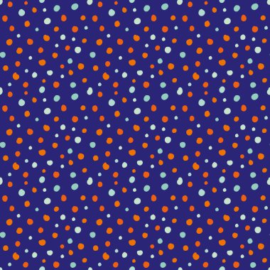 Şirin polka noktaları kusursuz vektör desenli arka plan. Mavi lacivert çivit mavisi, lacivert arka planda yoğunluk çemberi konfeti dokusunda rastgele şekillenir. Grafik stili tasarım ögesi. Her yerde.