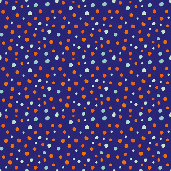 Cute polka dots seamless vector pattern background. Random neon orange blue indigo dot shapes on navy blue backdrop Dense circle confetti texture. Graphic style design element. All over print — Stock Vector