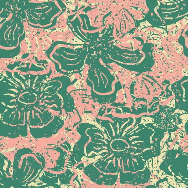 Wild meadow flower seamless vector pattern background. Modern floral line art backdrop with hand drawn outline flowers Elegant botanical textural repeat design in green and pink. All over print — Stockvektor