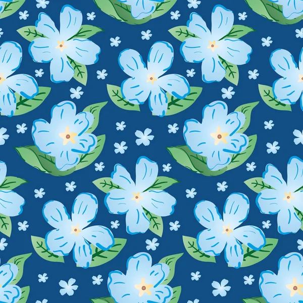 Blue Forget-Me-Not Blumen nahtlose Muster Vektor Hintergrund. Schöne Kulisse der malerischen Steigung und Linie Kunst mysotis Blumen. Handgezeichnetes botanisches Design. Alles über Print — Stockvektor