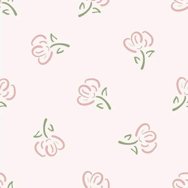 Pretty wildflower seamless vector pattern background. Pink sage green meadow flower buds backdrop. Hand drawn line art outline botanical design.Garden flora cottagecore aesthetic style all over print. — Image vectorielle