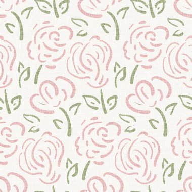 Wildflower seamless vector pattern background. Sage green pink meadow flowers backdrop. Faded burlap texture overlay. Hand drawn line art outline botanical design. Garden flower cottagecore aesthetic