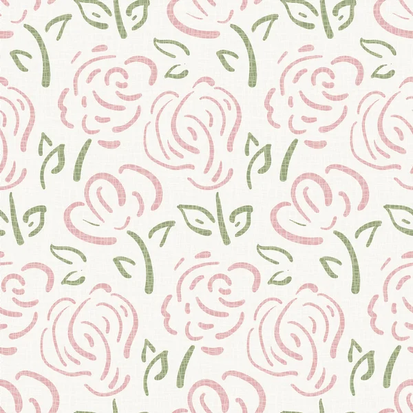 Wildflower seamless vector pattern background. Sage green pink meadow flowers backdrop. Faded burlap texture overlay. Hand drawn line art outline botanical design. Garden flower cottagecore aesthetic — Stockvektor