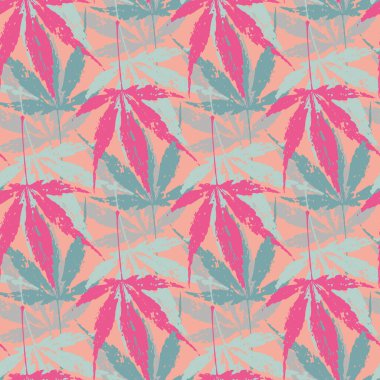 Boston sarmaşığı kusursuz vektör yapısı. Harmanlanmış yaprak şekilli pembe mavi fon. Boyanmış grunge tarzı fırça darbesi botanik motifleri. Partenocissus Tricuspidat.Tropikal titreşim.