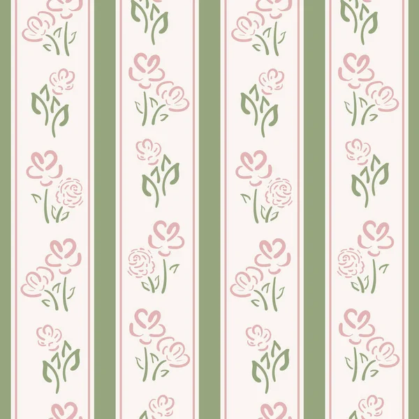 Wildflower Striped Seamless Vector Pattern Background Pink Sage Green Meadow — Image vectorielle
