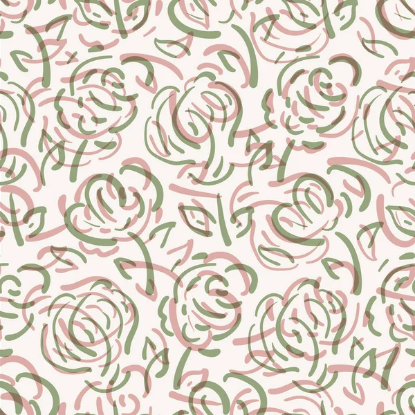 Wildflower seamless vector pattern background. Blended sage green and pink meadow flowers textural backdrop. Hand drawn line art outline botanical design. Garden flower cottagecore style repeat — Image vectorielle