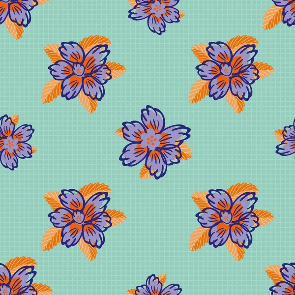 Tropischer Garten Blume nahtlose Vektormuster Hintergrund. Neon orange indigoblau malerisches Design auf Gitterdiagramm Textur Hintergrund. Handgezeichnete helle Landblumen .Cottagecore florale Wiederholung — Stockvektor