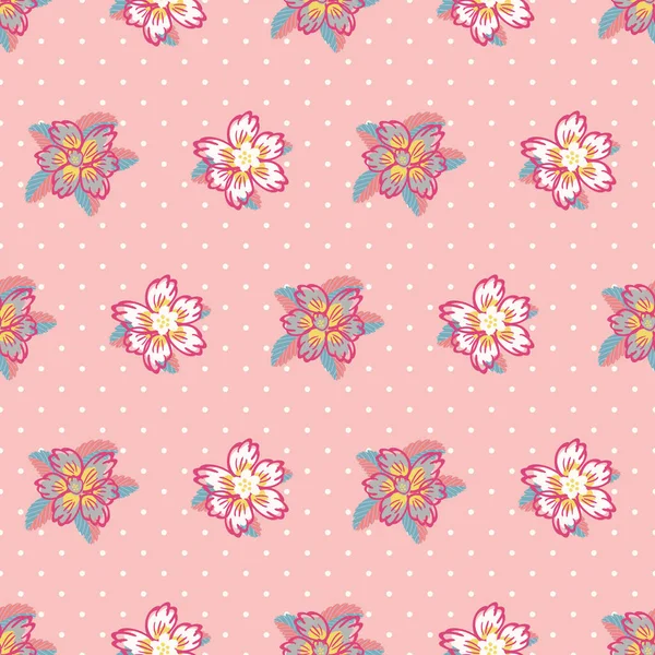 ベクトルダフォドールはシームレスなパターンの背景を花。花の頭を背景に、明るいピンク色のミックス。ポルカドットの質感に手描きデザイン。単純な春の花の植物性の繰り返し. — ストックベクタ