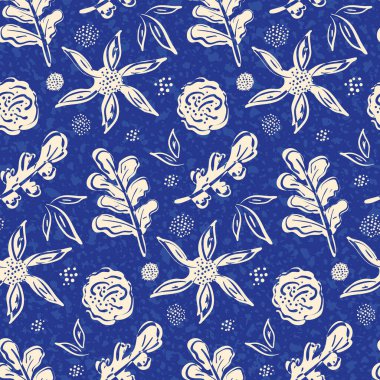 Modern yaban çiçeği ve yapraksız vektör yapısı. Mavi krem beyaz boyalı grunge desenli botanik tasarımı. El çizimi soyut, rahat kır çiçekleri Cottagecore çiçek tekrarı.