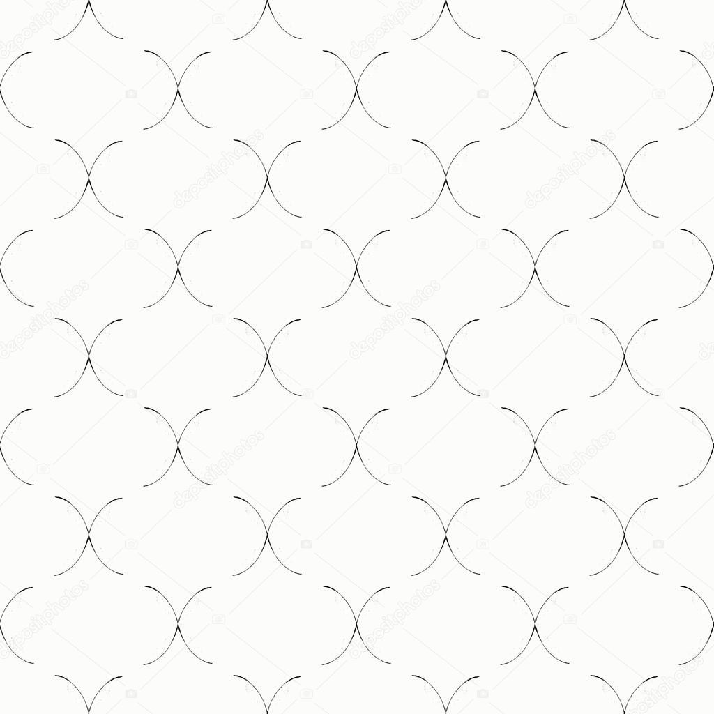 Grunge Roman Ogee abstract vector seamless pattern background with retro shapes net texture. Neutral black white geometric backdrop. Fine brush stroke monochrome chicken wire style repeat print.