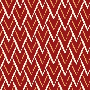 Sivri ölçekli, dikişsiz vektör arkaplanı. Dokulu gru grunge fırça darbeleri kırmızı, beyaz, turuncu. Üstüste binen elmas şekilli arka plan. Boyalı geometrik ejderha pulları paketleme için tekrarlanıyor