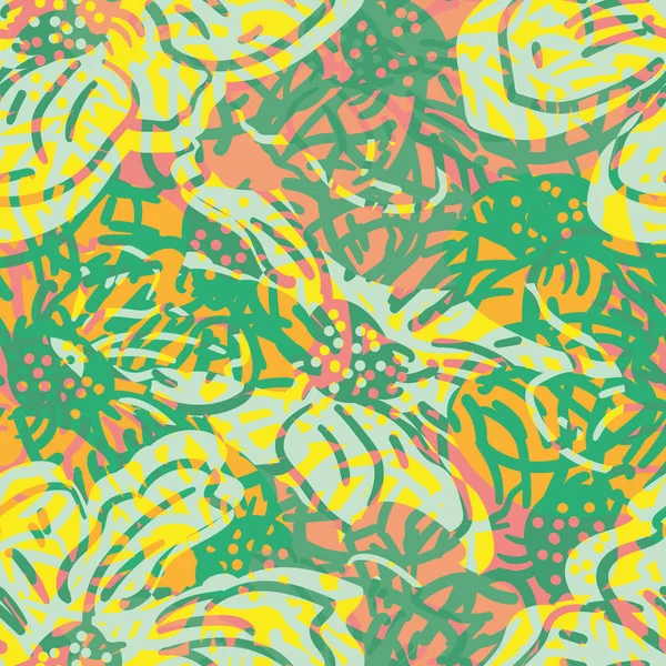 摘要热带雨林野花无缝矢量纹理背景 绿色的橙黄色混合了花的背景 热带色彩植物设计 包装的现代重复 免版税图库插图