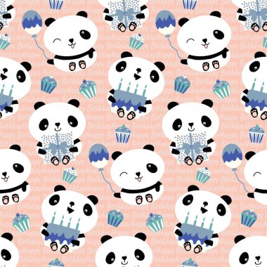 Kawaii panda Happy Birthday vector seamless pattern background. Cute backdrop with laughing cartoon bears holding cakes, balloons, cupcakes. Pink blue design. For baby and kids birthday celebration.