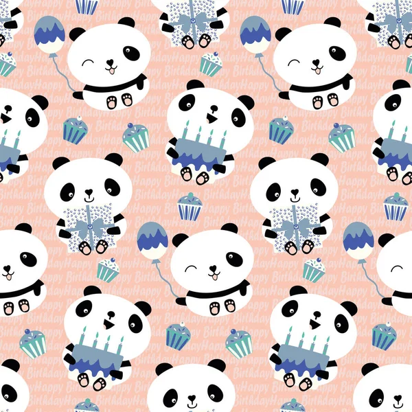 Kawaii Panda Happy Birthday Vector Seamless Pattern Background Cute Backdrop — Archivo Imágenes Vectoriales