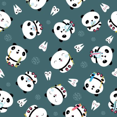 Kawaii panda kids dental health care vector educational seamless pattern background. Cute cartoon bears with toothbrush, toothe paste, brushing teeth. Teddy bears and teeth in gender neutral colors
