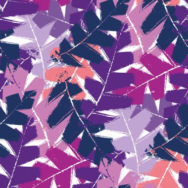 Soyut mono yazdırma biçimi geriye pürüzsüz vektör şablonu bırakır. Üst üste binen katmanlı kesilmiş yapraklı doku arkaplanı. Mor mavi tasarım. İyilik için her tarafı botanik..