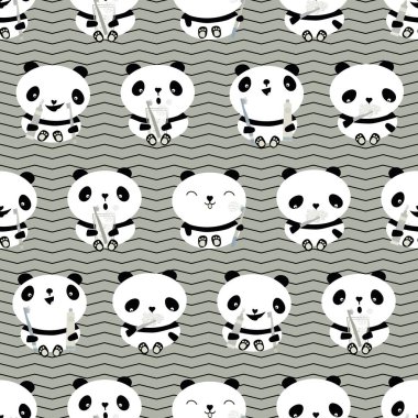 Kawaii panda çocukları diş sağlığı hizmetleri vektör eğitimsel kusursuz model geçmişi. Diş fırçalı, macunlu, dişlerini fırçalayan sevimli çizgi film ayıları. Cinsiyet ayrımı yapmayan oyuncak ayılar ve dişler