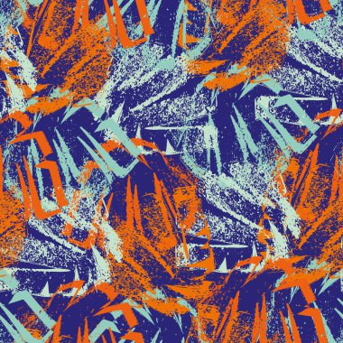 Soyut boyalı grafiti sprey boya arkasında kusursuz bir vektör deseni bırakıyor. Üst üste binen yapraklı tropikal doku arkaplanı. Her yerde lino yazdırma efekti.