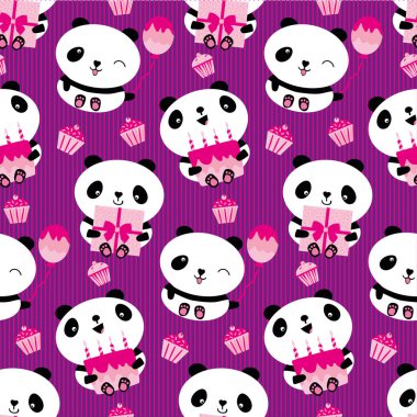 Kawaii panda birthday vector seamless pattern background. Cute backdrop with laughing cartoon bears holding cakes, balloons, cupcakes. Striped purple pink repeat. For baby and kids birthdays.