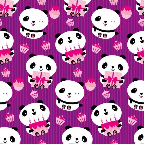 Kawaii Panda Cumpleaños Vector Sin Costuras Patrón Fondo Lindo Telón — Vector de stock