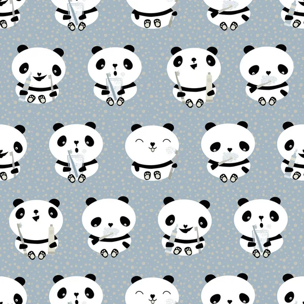 Kawaii Panda Kids Dental Health Care Vector Educational Seamless Pattern — Image vectorielle