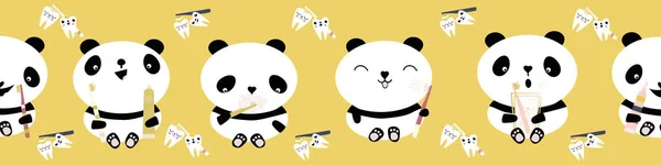 Kawaii Panda Gyerekek Fogászati Egészségügyi Vektor Oktatási Zökkenőmentes Határ Banner — Stock Vector