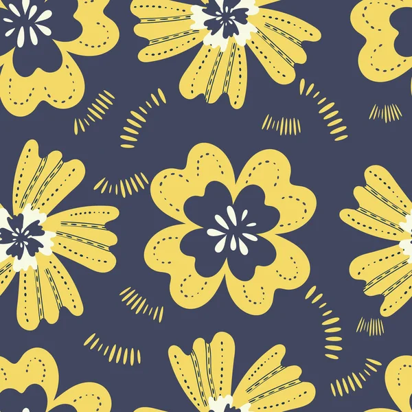 Wildflower Seamless Vector Pattern Background Blue Yellow Stylized Meadow Flowers — Image vectorielle
