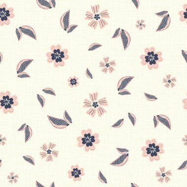 Yaban çiçeğinin kusursuz vektör yapısı. Pembe mavi çayır çiçekleri ve keten desenli arkaplanda yapraklar. Halk sanatı dikiş efekti. El çizimi botanik bahçesi Cottagecore tasarımı.