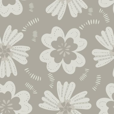 Yaban çiçeğinin kusursuz vektör yapısı. Tarafsız ecru bej rengi çayır çiçekleri arka planı. Modern halk sanatı dikiş stili. El botanik tasarımı. Çiçek bahçesi pamuk estetiği.