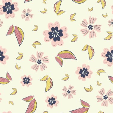 Wildflower seamless vector pattern background. Pink blue stylized meadow flowers and leaves backdrop. Folk art stitch effect style. Hand drawn botanical design. Garden flower cottagecore aesthetic.