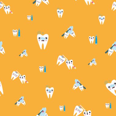 Kawaii diş bakımı, diş bakımı, vektör, eğitimsel, kusursuz model. Diş fırçası, diş macunu, diş fırçası olan sevimli çizgi film karakterleri. Eğlenceli çocuklar, oral sağlık, cinsiyet ayrımı yok.