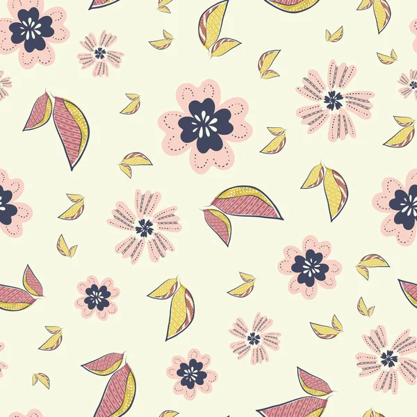 Wildflower Seamless Vector Pattern Background Pink Blue Stylized Meadow Flowers — стоковый вектор
