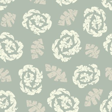 Wildflower monoprint style seamless vector pattern background. Paper cut out style meadow flowers and leaves backdrop. Faux lino print cottagecore abstract repeat. Monochrome neutral ecru beige..