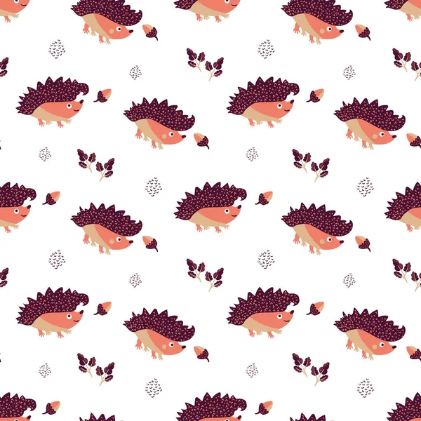 Cute Vector Spiky Prickly Hedgehog Acorn Oak Leaves Cartoon Kawaii — ストックベクタ