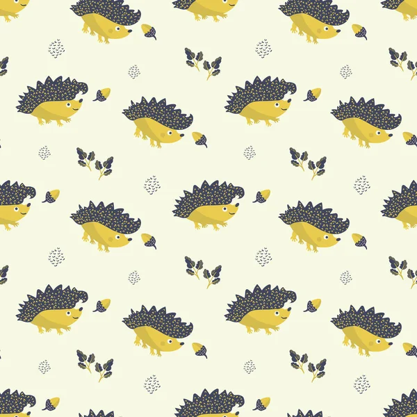 Cute Vector Spiky Prickly Hedgehog Acorn Oak Leaves Cartoon Kawaii — Stock Vector