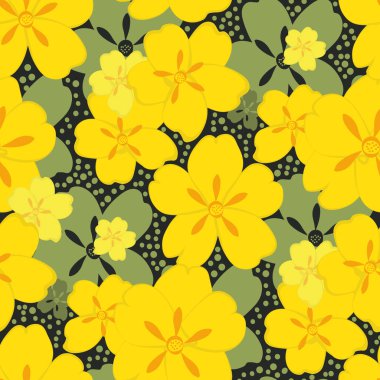 Buttercup vector seamless pattern background. Hand-drawn yellow green floral repeat on dotted backdrop. Perennial herbaceous garden flower scattered design.All over print for packaging, spring, kids