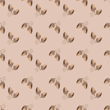 Modern oak leaf acorn vector seamless background pattern. Hand-drawn groups of leaves and acorns neutral monochrome beige backdrop. Earthy fall ochre color foliage for thanksgiving, packaging