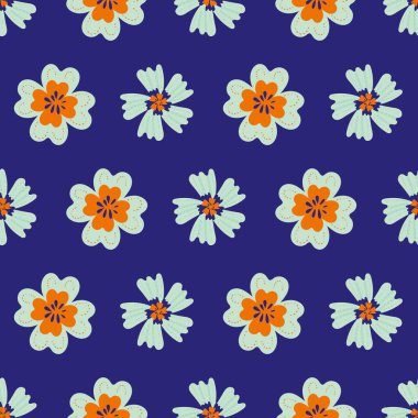 Abstract tropical flower vector seamless pattern background. Modern folk art stitch effect style neon orange indigo florals backdrop. Jungle flower design.Botanical rainforest flowers repeat.