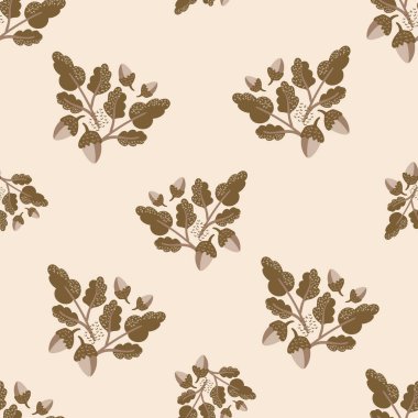 Modern oak leaf acorn vector seamless background pattern. Hand-drawn groups of leaves and acorns on light backdrop. Earthy fall foliage in ochre, green. Autumn design for thanksgiving, packaging..