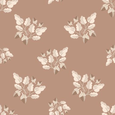 Modern oak leaf acorn vector seamless background pattern. Hand-drawn groups of leaves and acorns on light backdrop. Earthy fall foliage in ochre, green. Autumn design for thanksgiving, packaging..