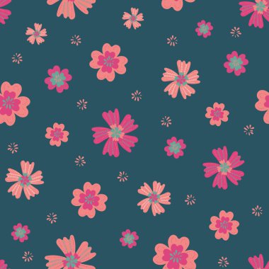 Abstract tropical flower vector seamless pattern background. Modern folk art stitch effect style pink teal florals backdrop. Jungle flower design.Botanical rainforest flowers repeat.