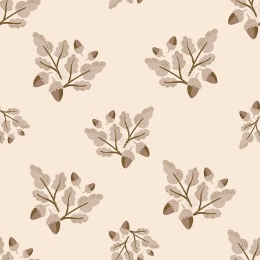 Modern oak leaf acorn vector seamless background pattern. Hand-drawn groups of leaves and acorns backdrop. Monochrome fall foliage in pastel ochre colors. Autumn design for thanksgiving, packaging