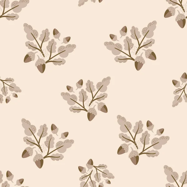 Modern oak leaf acorn vector seamless background pattern. Hand-drawn groups of leaves and acorns backdrop. Monochrome fall foliage in pastel ochre colors. Autumn design for thanksgiving, packaging