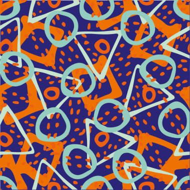 Surreal abstract modern memphis style seamless vector pattern background. Tropical color backdrop with naive circles, triangles, squares and dots. Relaxed arty all over print. Gender neutral repeat.