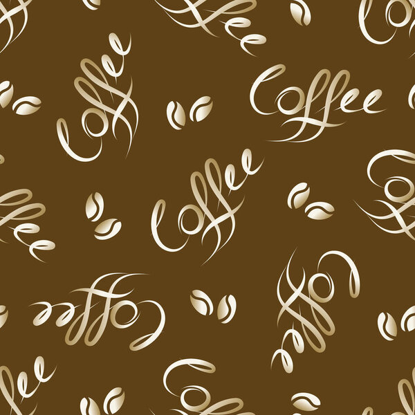 Векторная каллиграфия ручной работы и уникальная кисть с надписью "кофе". Бесшовный фон с текстом сценария и кофейными зёрнами. Повторите фон для рекламных кафе, ресторанов, пекарни, упаковки.