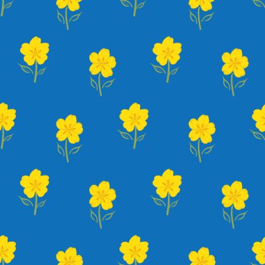 Düğünçiçeği vektörünün kusursuz desenli arka planı. El yapımı sarı, yeşil, beyaz, çiçekli arka plan. Ebedi otçul bahçe çiçeği dağınık tasarım. Büyümenin, sevginin, sağlığın, gençliğin sembolü.