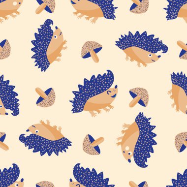 Şirin dikenli, dikenli, kirpi ve mantarsız desenli arka plan. Çizgi film kawaii kirpileri, mantar karalamaları. Doğal orman yaratıkları, çocuklar için sonbahar mantarı tekrarlar. Her yerde..