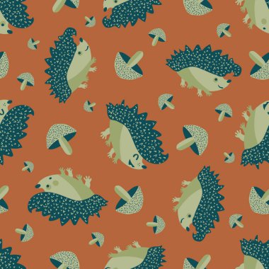 Şirin dikenli, dikenli, kirpi ve mantarsız desenli arka plan. Çizgi film kawaii kirpileri, mantar karalamaları. Doğal orman yaratıkları, çocuklar için sonbahar mantarı tekrarlar. Her yerde..