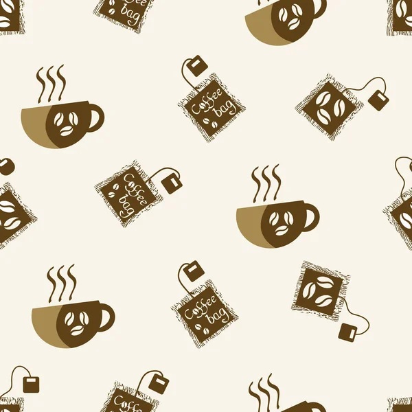 Sac Café Tasses Vectoriel Fond Motif Sans Couture Fond Brun — Image vectorielle