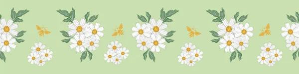 Kamille Und Bienen Nahtlose Vektorgrenze Flora Und Fauna Banner Mit — Stockvektor